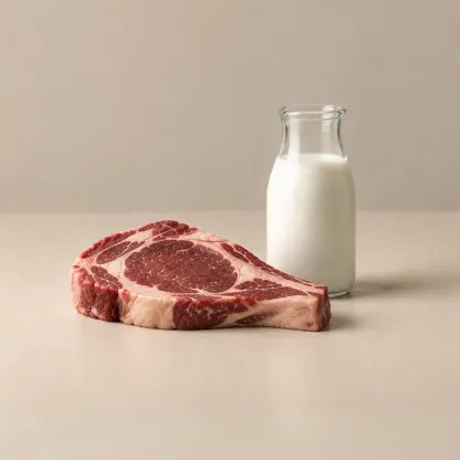 Raw steak and a bottle of milk